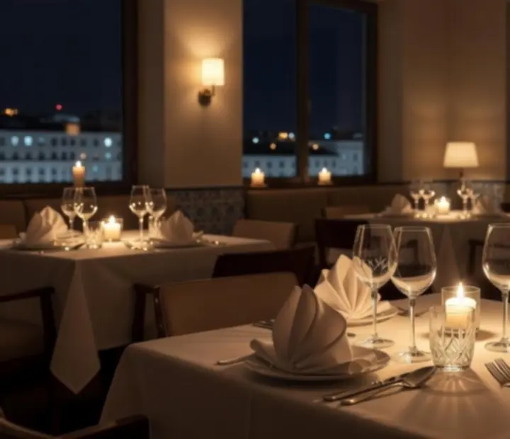 Sala de jantar à luz de velas com mesas preparadas para um jantar sofisticado