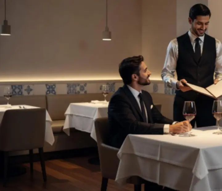 Sommelier a apresentar a carta de vinhos num restaurante elegante em Portugal