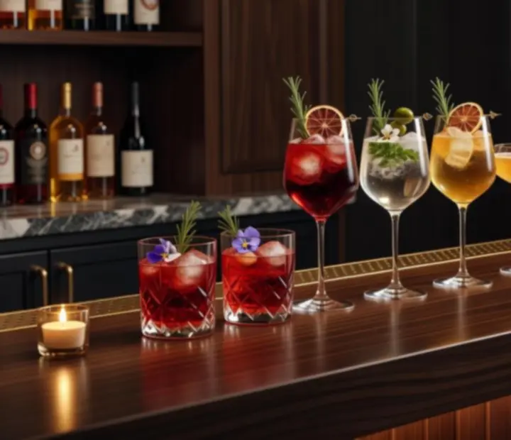 Bar de cocktails de assinatura com ambiente elegante e iluminação suave