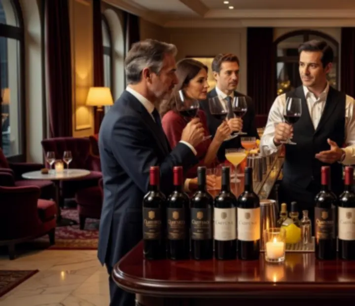Degustação de vinhos e cocktails num balcão elegante, com copos alinhados e iluminação suave.