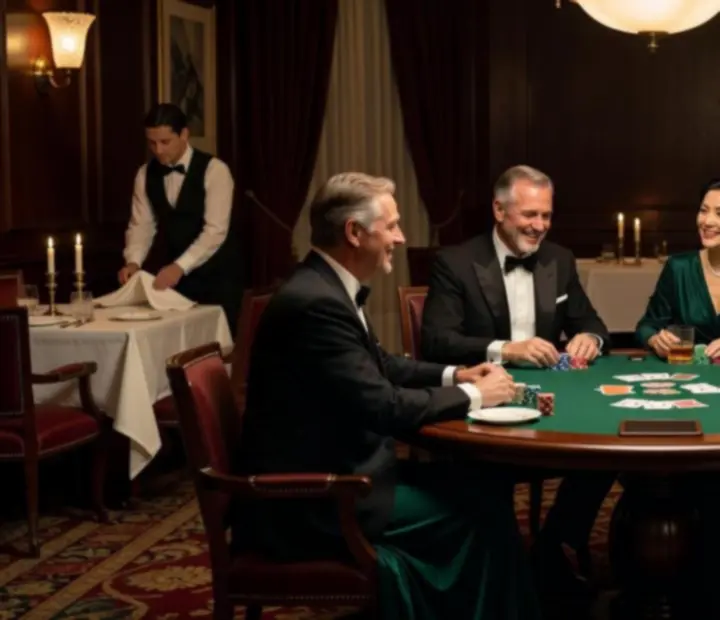Convidados elegantemente vestidos a desfrutar de poker offline e gastronomia num restaurante sofisticado.
