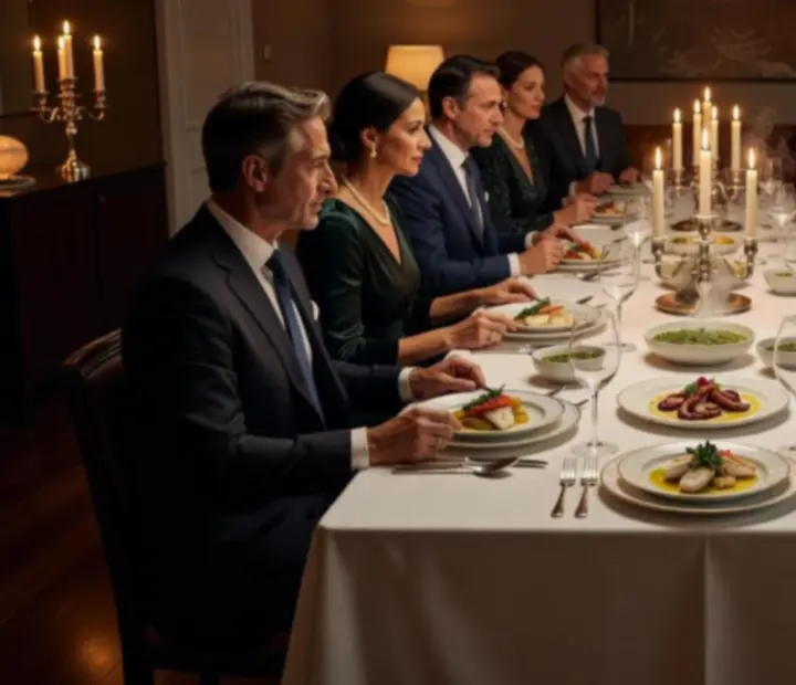 Mesa elegante preparada para um jantar de grupo com loiça e copos de vinho alinhados num ambiente sofisticado.