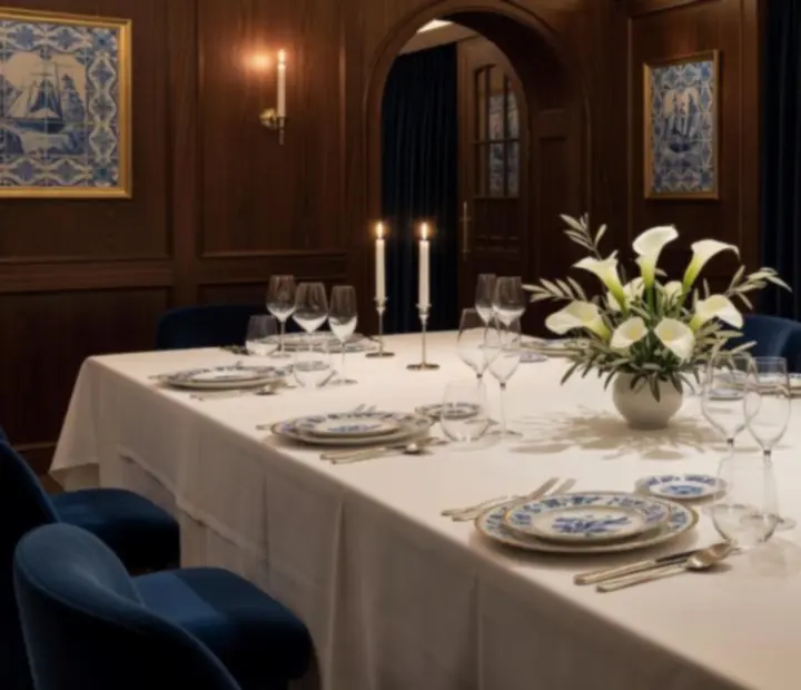 Long private dining table with sophisticated decoration and a welcoming atmosphere.