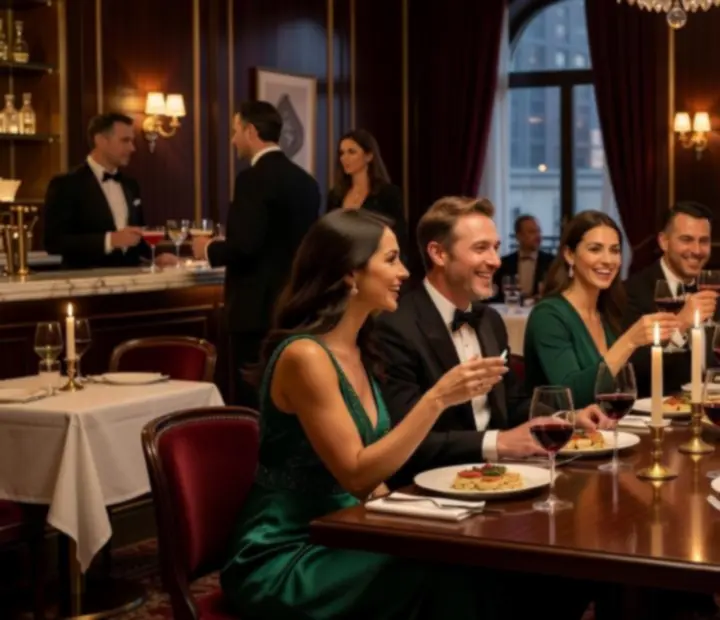 Convidados em ambiente de restaurante e poker social a partilhar uma noite elegante.