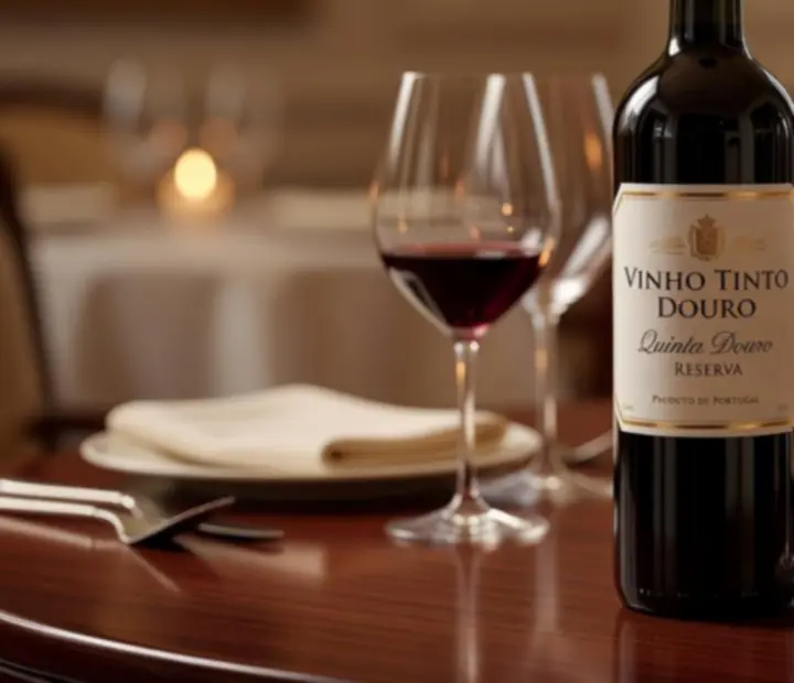 Garrafa de vinho tinto português da região do Douro sobre uma mesa elegante