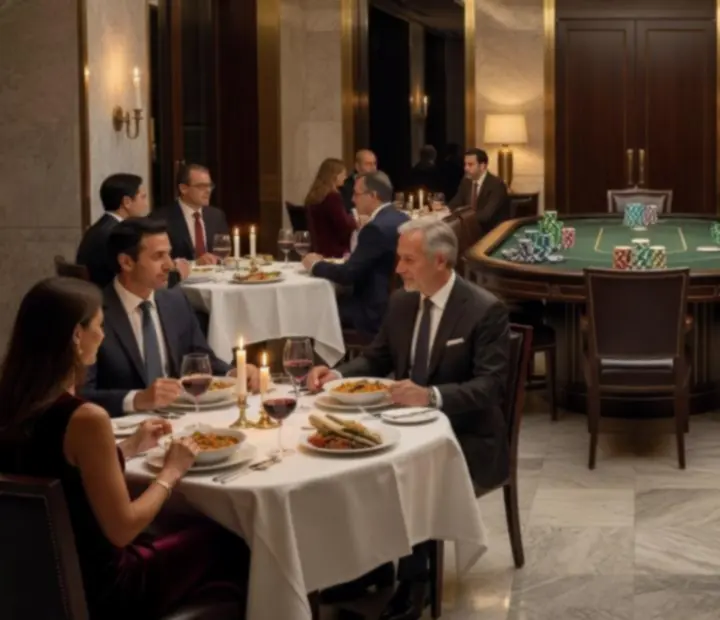 Cinematic view of an elegant restaurant dining room with a prepared poker table, soft lighting and a sophisticated ambience.
