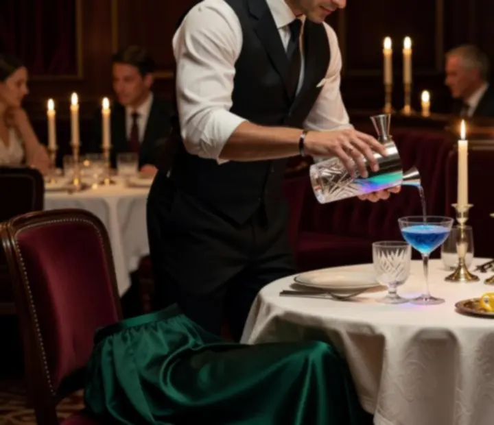 Mixologista a preparar cocktail com apresentação sofisticada em sala de jantar fine dining