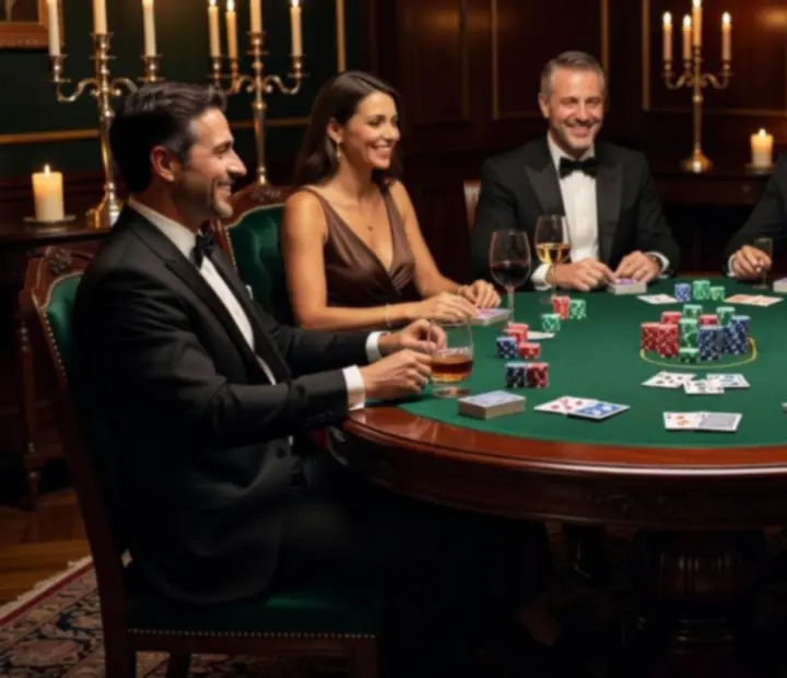 Elegant poker table with symbolic chips and well-dressed guests in a luxury restaurant setting.