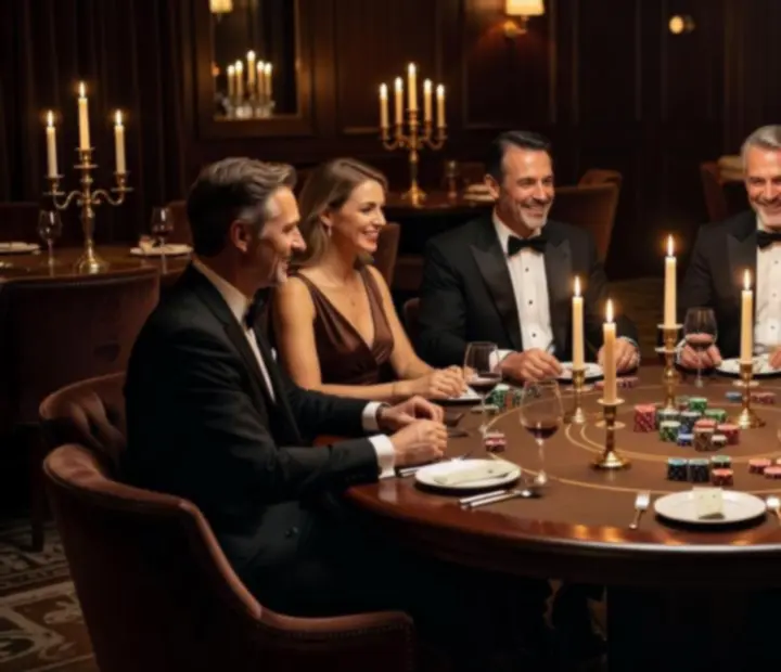 Ambiente elegante de uma noite de poker offline num restaurante fino em Portugal.