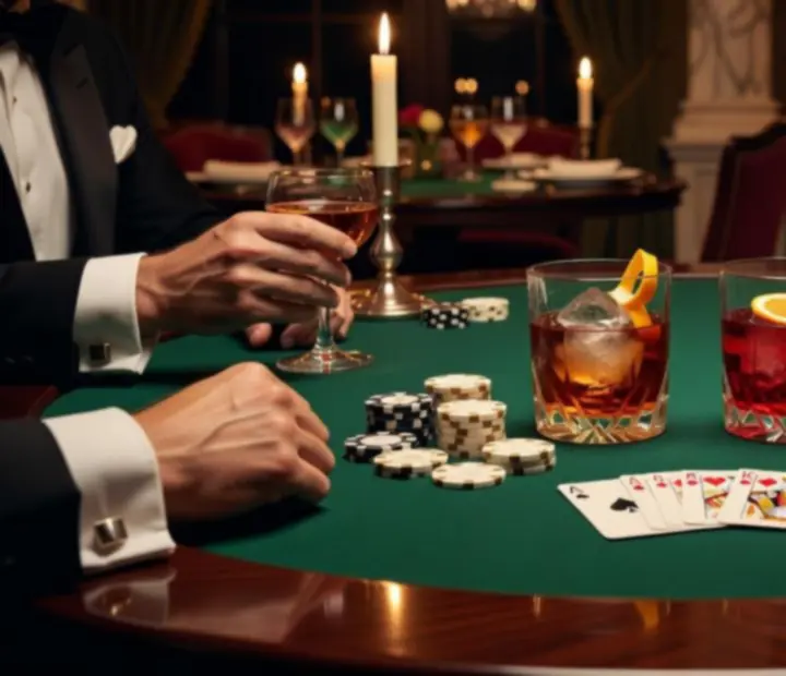 Mesa de poker offline com cocktails elegantes e ambiente intimista