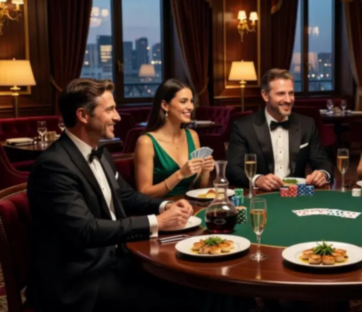 Mesa de poker elegante preparada para um evento privado, com fichas simbólicas e copos de cocktail ao redor.