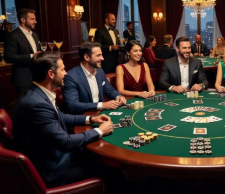 Mesa de poker elegantemente preparada num ambiente de restaurante sofisticado.