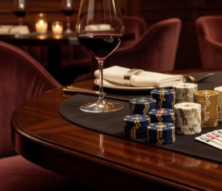 Sala de poker com mesas profissionais, iluminação suave e ambiente luxuoso.