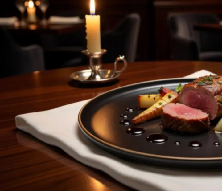 Prato gastronómico de carne com empratamento sofisticado