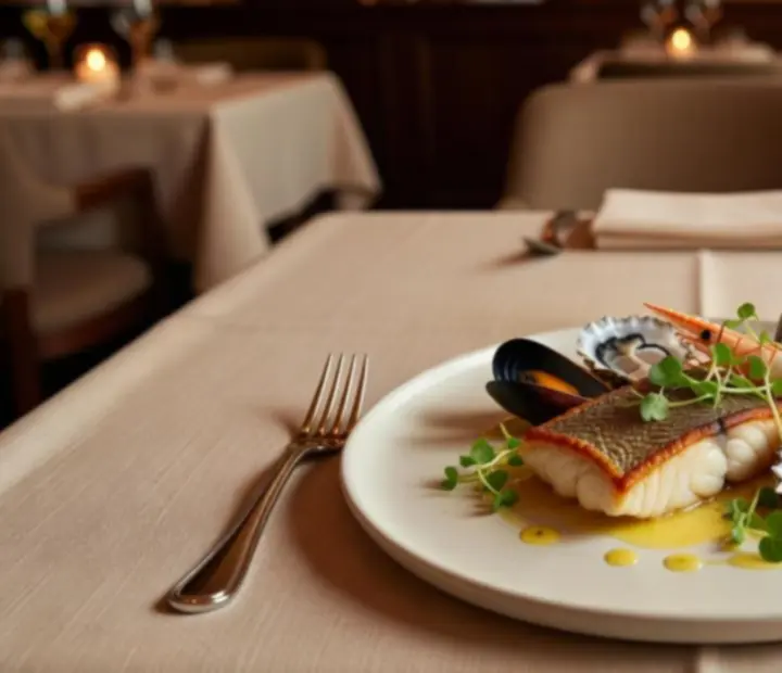 Prato elegante de peixe e marisco