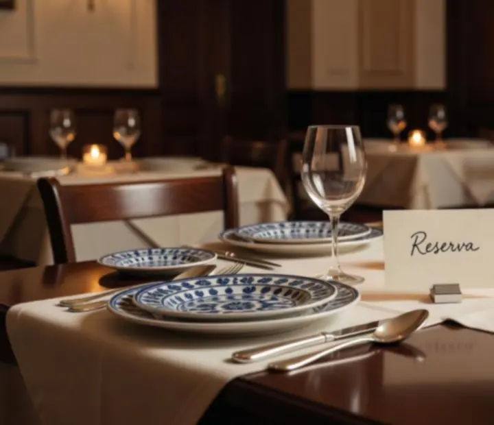 Restaurant table set for dinner with a lit candle and elegant details, ready to welcome guests.