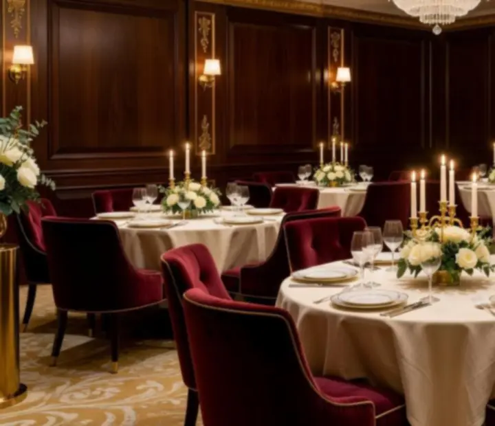 Salão de eventos elegante com iluminação suave, mesas postas com velas e detalhes em tons neutros.